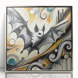 Framed wall art featuring a sleek silver-acrylic design of a bat, showcasing intricate details and a modern aesthetic, perfect for animal lovers and contemporary decor.