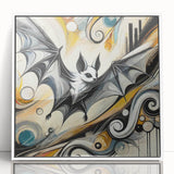 Framed acrylic wall art featuring a bat design from the "Animals of the Wild" collection, set against a white background, ideal for nature-themed decor.