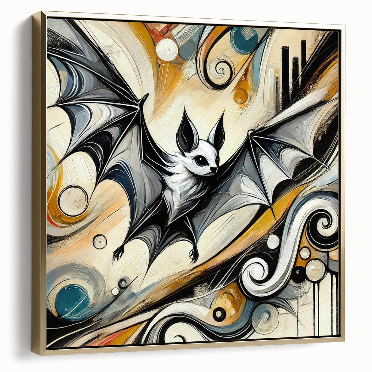 Framed wall art canvas featuring a stylish bat design in gold on a textured background, ideal for enhancing modern decor. Perfect for animal lovers and nature-inspired interiors.