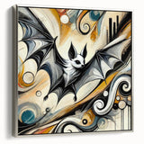 Framed wall art featuring a striking bat design in a silver frame, showcasing intricate details and textures, perfect for wildlife enthusiasts and modern decor.