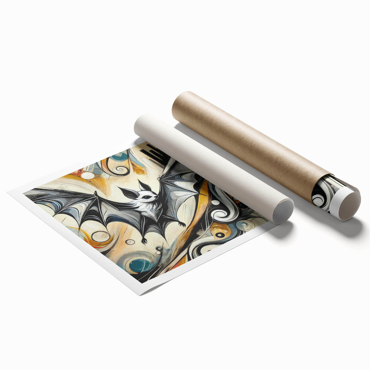Rolled print of a whimsical bat design from a wildlife wall art collection, showcasing detailed illustrations on textured paper, ideal for nature-themed decor.