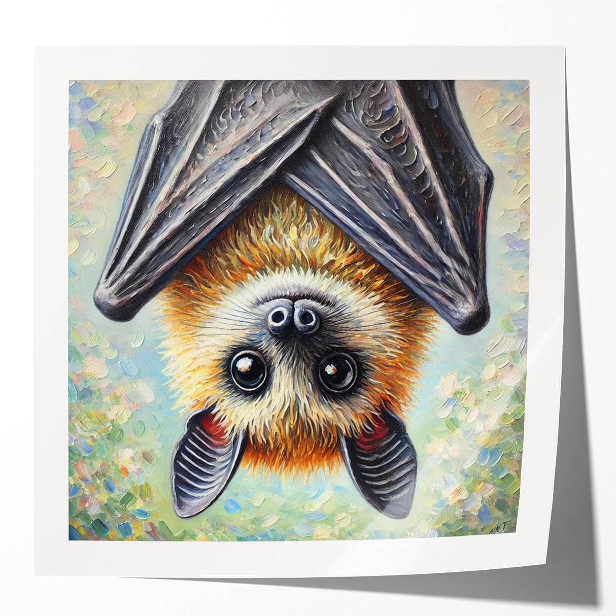Stylish bat-themed wall art print showcasing intricate wildlife design on a glossy finish, perfect for adding a unique touch to home decor and art collections.