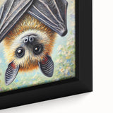 Close-up of a framed canvas wall art featuring a detailed bat design in vibrant colors, showcasing intricate patterns and textures, ideal for wildlife enthusiasts.