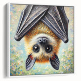 Framed canvas wall art showcasing a detailed bat design from a wildlife collection, featuring a white frame and a side view that highlights its artistic texture and vibrant colors. Perfect for nature lovers and home décor enthusiasts.