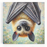 Stretched canvas wall art showcasing a detailed bat design, featuring intricate patterns and a vibrant color palette, ideal for wildlife enthusiasts and home decor.