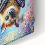 Close-up of an acrylic wall art piece showcasing a vibrant bat design, featuring intricate details and a colorful palette, perfect for wildlife enthusiasts.