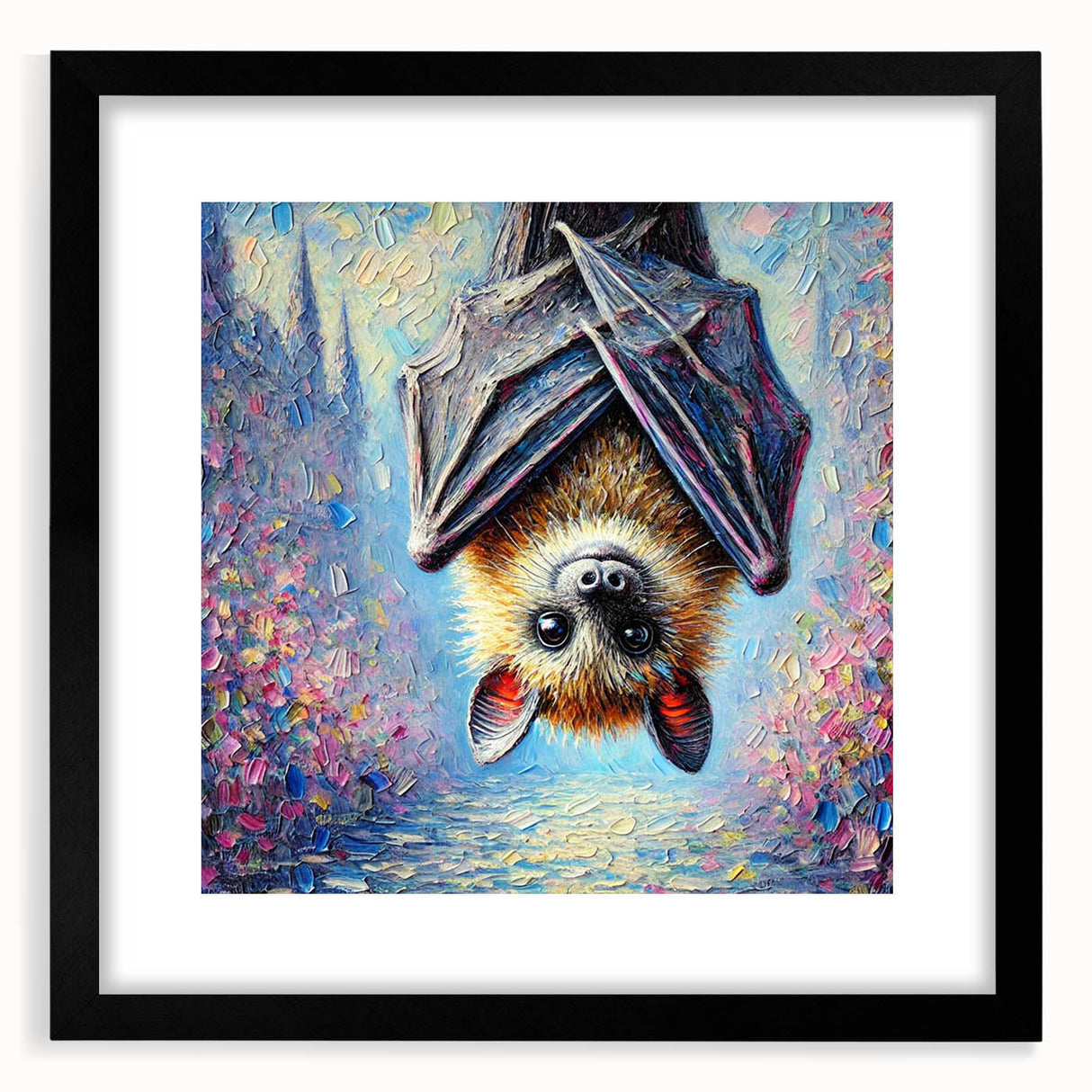 Framed wall art collection featuring a bat design in a black frame with a white mat, showcasing intricate details and a modern aesthetic, perfect for wildlife decor.