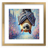 Framed wall art featuring an intricate bat design, showcasing a gold mat and elegant frame. Perfect for adding a touch of wildlife decor to modern interiors.