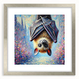 Framed wall art featuring a bat design in a silver frame with a mat, showcasing intricate details against a neutral background, perfect for nature lovers.