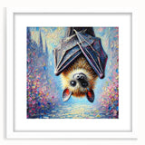 Framed wall art showcasing a detailed bat design from the "Animals A Wild Life" collection, featuring a white mat and sleek frame, perfect for nature-themed decor.