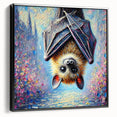 Framed canvas wall art showcasing a detailed bat design in a black frame, ideal for wildlife enthusiasts, adding a unique touch to home decor. The artwork features intricate detailing and vibrant colors, perfect for enhancing interior spaces.