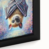 Close-up of a framed canvas wall art piece featuring a detailed bat design, showcasing intricate textures and earthy colors, perfect for wildlife enthusiasts and home decor.