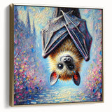 Framed canvas wall art depicting a stylized bat design in gold tones, showcasing intricate details and textures, ideal for wildlife-themed decor. Perfect for nature enthusiasts and modern interior styling.