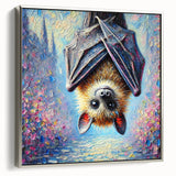 Framed canvas wall art showcasing a bat design in a silver frame, highlighting intricate details and textures, ideal for wildlife enthusiasts and modern decor.