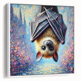 Framed canvas wall art showcasing a detailed bat design in a white frame, perfect for wildlife enthusiasts, adding a unique touch to home decor.