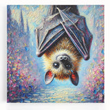 Stretched canvas artwork showcasing a vibrant bat design in a wild life theme, highlighting intricate details and rich colors, perfect for animal lovers and home decor.