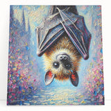 Stretched canvas wall art featuring a whimsical bat design, showcasing intricate details and vibrant colors, perfect for animal lovers and modern decor.