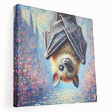 Side view of a stretched canvas wall art piece showcasing a vibrant bat design, featuring intricate details and bold colors, ideal for animal-themed decor.