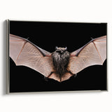 Framed wall art design featuring a bat silhouette against a textured canvas, with a sleek silver frame, ideal for nature-themed decor and wildlife enthusiasts.