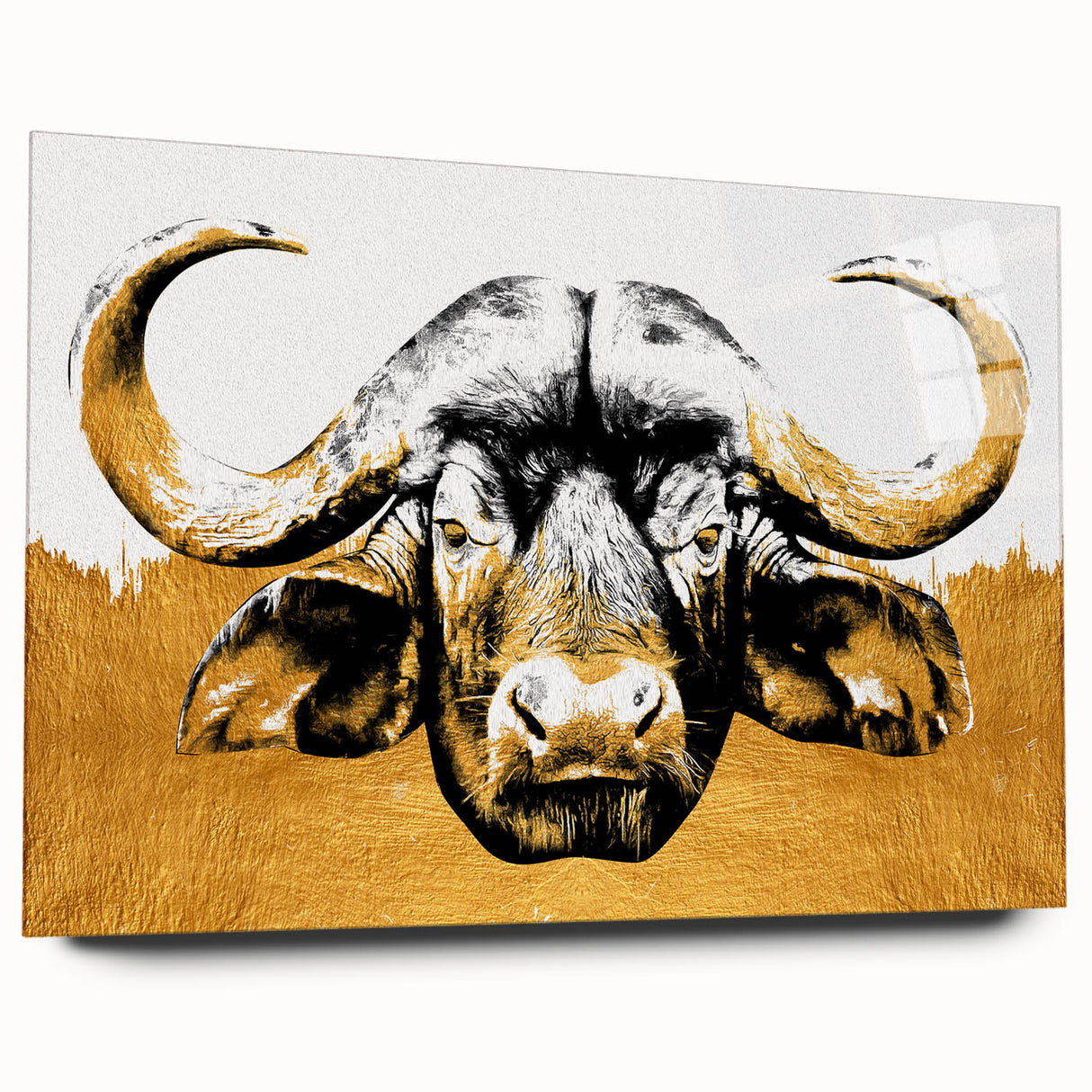 Side view of a buffalo wall art design on acrylic glass, showcasing a vibrant wildlife scene with rich colors, perfect for animal lovers and home decor enthusiasts.