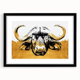 Black-framed wall art featuring a striking design of a buffalo, showcasing intricate details and vibrant colors, perfect for nature lovers and wildlife enthusiasts.