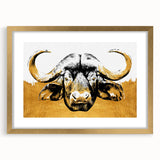 Buffalo wall art featuring a striking bison design in a gold frame with a mat, showcasing a wild animal theme perfect for nature-inspired decor. Ideal for enhancing rustic or modern interiors while celebrating wildlife.