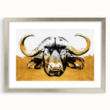 Framed wall art showcasing a majestic buffalo design in a silver frame, highlighting intricate details and textures, perfect for wildlife enthusiasts and modern decor.