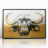 Framed acrylic wall art depicting a majestic buffalo in a minimalist black frame, showcasing wildlife artistry for nature enthusiasts and home decor lovers.