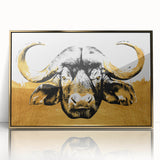 Framed wall art showcasing a striking front view of a buffalo, designed in a modern style with gold accents, perfect for wildlife enthusiasts and home decor.