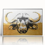 Framed wall art depicting a majestic buffalo in a serene wildlife setting, showcasing intricate details and vibrant colors, perfect for nature enthusiasts and home decor.