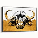 Framed canvas wall art featuring a side view of a majestic buffalo in a natural habitat, showcasing intricate details and rich colors, perfect for wildlife enthusiasts.