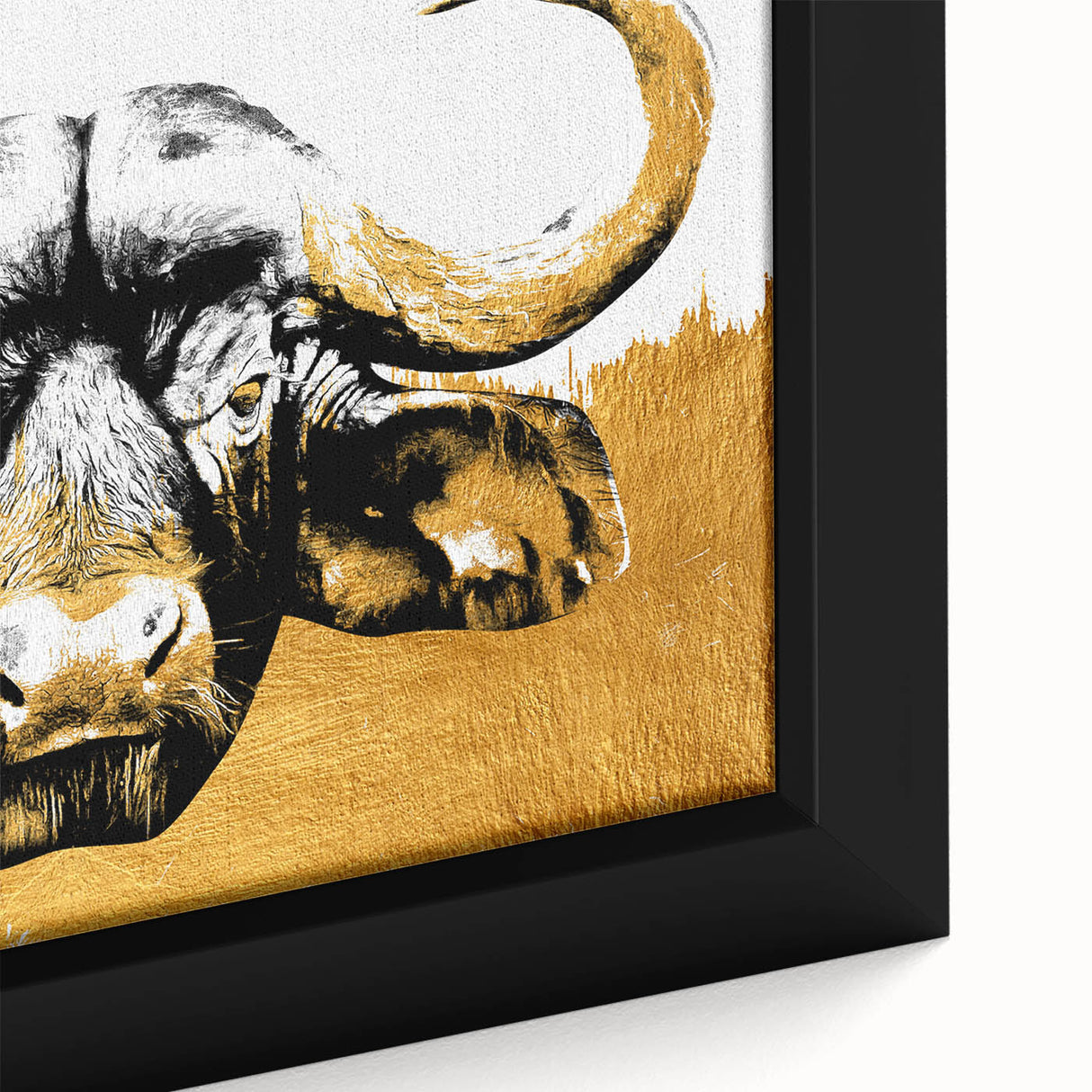 Close-up of a framed canvas wall art featuring a majestic buffalo in a natural habitat, showcasing intricate details and vibrant colors, perfect for wildlife enthusiasts.
