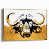 Framed wall art featuring a majestic buffalo in a gold-accented design, showcasing rich colors and intricate details, perfect for animal lovers and home decor enthusiasts.