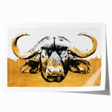 Close-up of a rolled print showcasing a striking buffalo design with intricate details, vibrant colors, and textured elements, perfect for wildlife-themed decor.