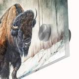Close-up of a striking acrylic glass wall art piece featuring a wild buffalo, showcasing intricate details and vibrant colors, perfect for nature lovers and home decor enthusiasts. This unique design adds a touch of wildlife elegance to any space.