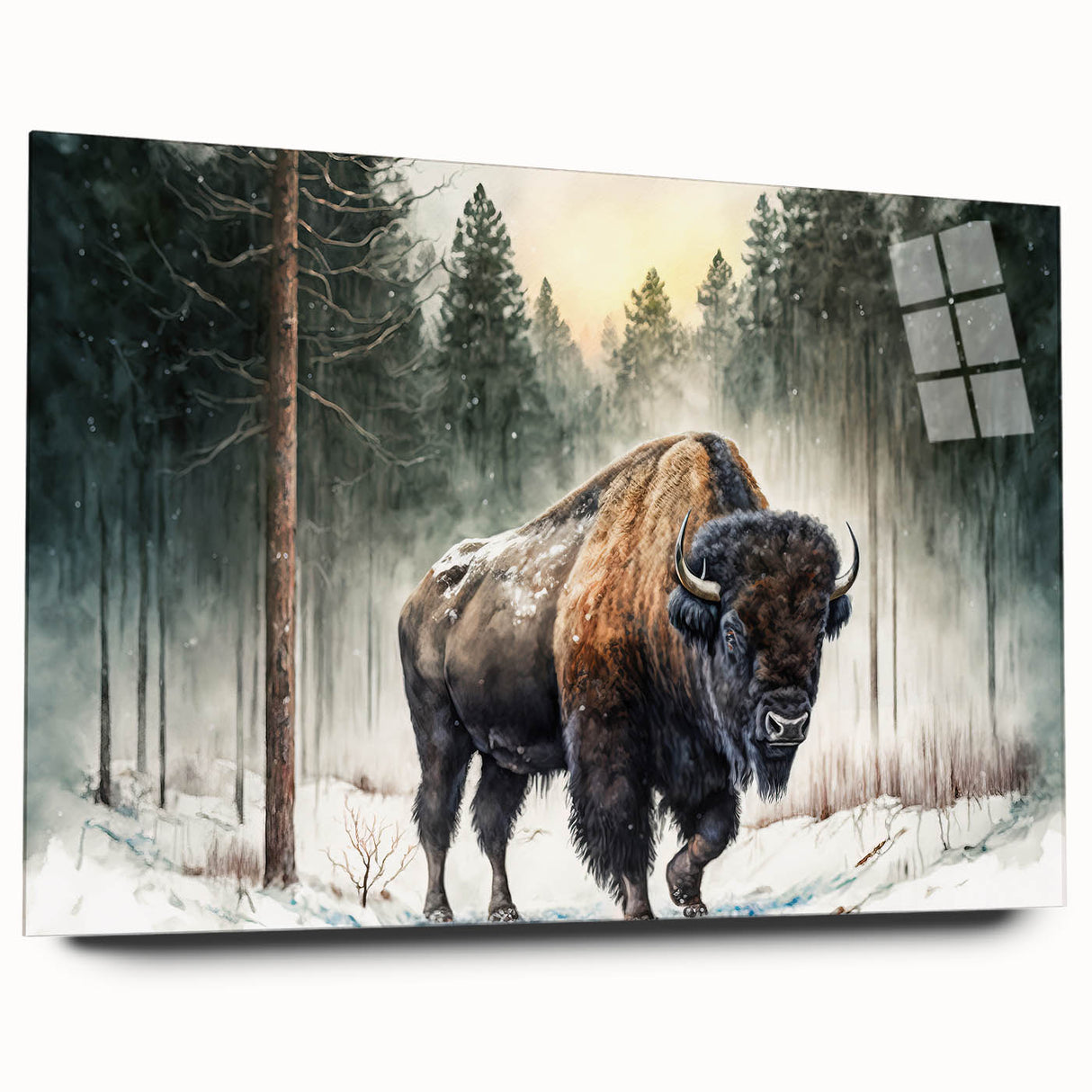 Acrylic wall art design featuring a side view of a wild buffalo, showcasing intricate details and vibrant colors, ideal for wildlife enthusiasts and home decor.