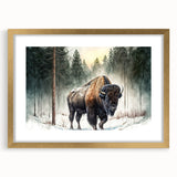 Framed wall art featuring a striking buffalo design, showcasing intricate details and rich colors, ideal for wildlife enthusiasts and home decor. Gold frame enhances the artwork's appeal, perfect for adding a touch of nature to any room.