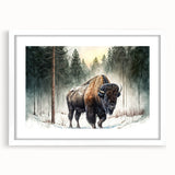 Framed wall art showcasing a beautifully detailed buffalo design, part of the "A Bisson Design" collection, featuring a white mat and sleek frame, ideal for nature lovers and home decor enthusiasts.