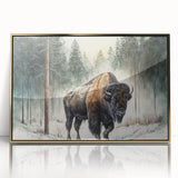 Framed wall art featuring a striking front view of a buffalo, showcasing intricate bison design details against a gold-acrylic background, ideal for wildlife decor.