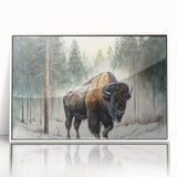 Framed wall art showcasing a striking design of a buffalo, featuring intricate details and vibrant colors, perfect for wildlife enthusiasts and home decor.