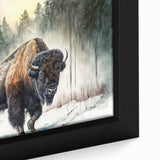 Close-up view of a framed canvas wall art piece showcasing a majestic buffalo with detailed textures, ideal for wildlife enthusiasts and home decor. This vibrant artwork adds a natural touch to any living space.