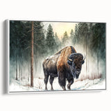 Framed canvas wall art featuring a side view of a majestic buffalo in a natural setting, showcasing intricate details and a vibrant color palette, perfect for wildlife enthusiasts.