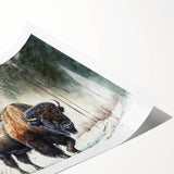 Buffalo wall art print showcasing a majestic bison design on textured canvas, rolled and ready for display, perfect for wildlife enthusiasts and home decor.