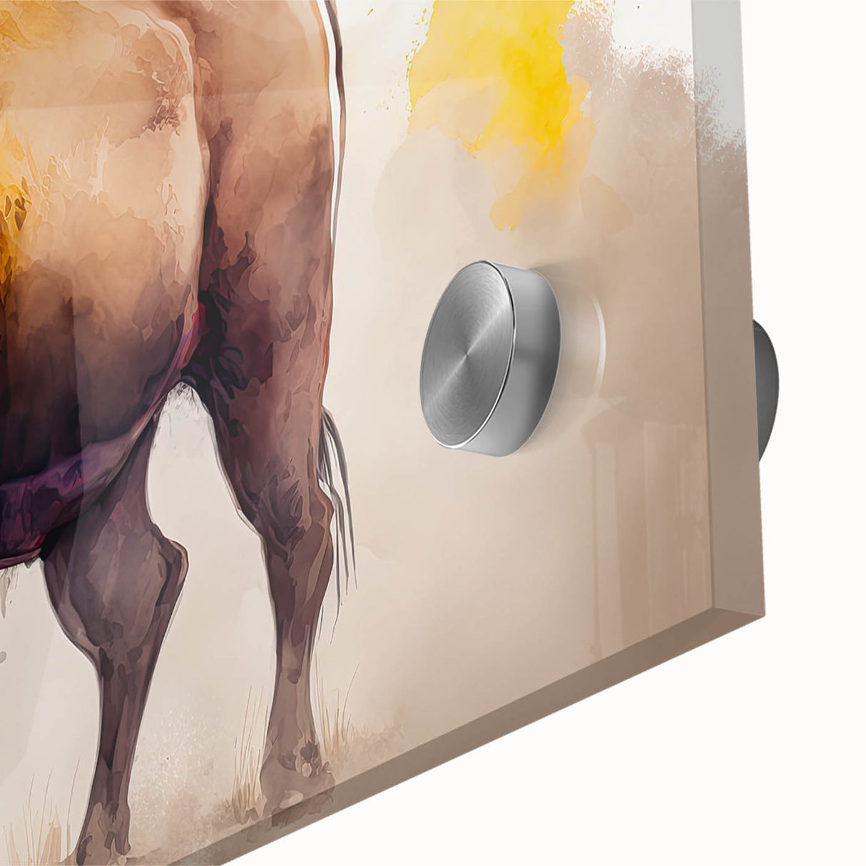 Close-up of a striking acrylic glass wall art piece featuring a detailed portrait of a wild buffalo, showcasing its majestic horns and textured fur, ideal for wildlife enthusiasts.