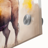 Close-up of a striking acrylic glass wall art piece featuring a detailed portrait of a wild buffalo, showcasing its majestic horns and textured fur, ideal for wildlife enthusiasts.