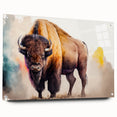 Side view of a modern wall art piece depicting a majestic buffalo, featuring vibrant colors and intricate details, designed for animal lovers and home decor enthusiasts. The artwork is displayed with pins on a clean background, showcasing its artistic flair.