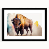 Black-framed wall art featuring a striking buffalo design from the 'A Bisson Design' collection, showcasing intricate details and vibrant colors, perfect for wildlife enthusiasts.