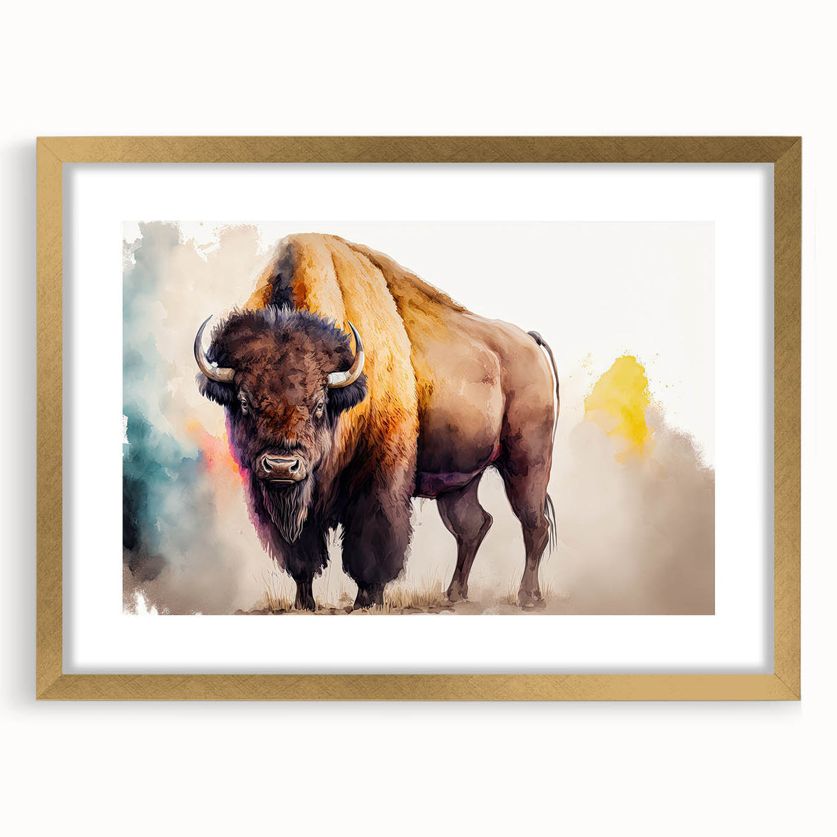Framed wall art featuring a majestic buffalo design in a gold frame, showcasing vibrant colors and intricate details, perfect for wildlife enthusiasts and home decor.