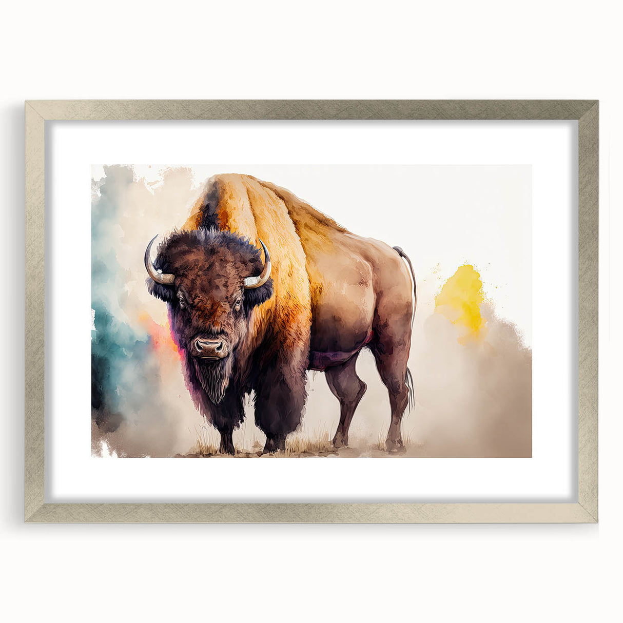 Framed wall art showcasing a majestic buffalo design in silver, featuring a mat for a polished look, ideal for wildlife decor enthusiasts and nature lovers.