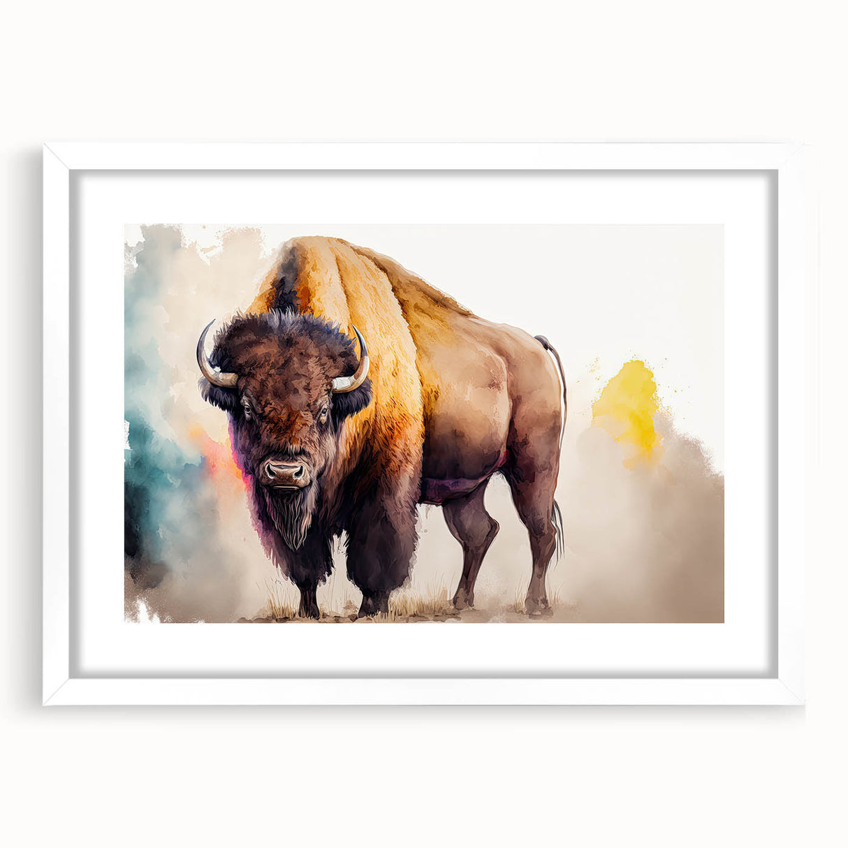 Framed wall art depicting a striking buffalo design in a white mat, showcasing its detailed features and textures, ideal for wildlife enthusiasts' decor.